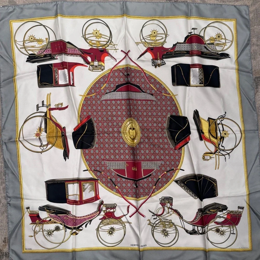 Hermès Les Voitures 100% Silk Scarf Carriage Print Gray Red w/ Box France